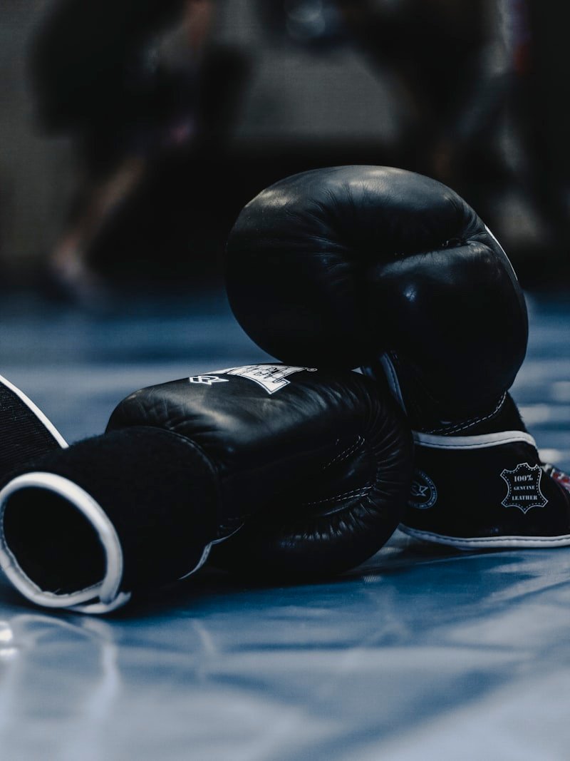 Guantes de boxeo de piel negros sobre la lona de un ring